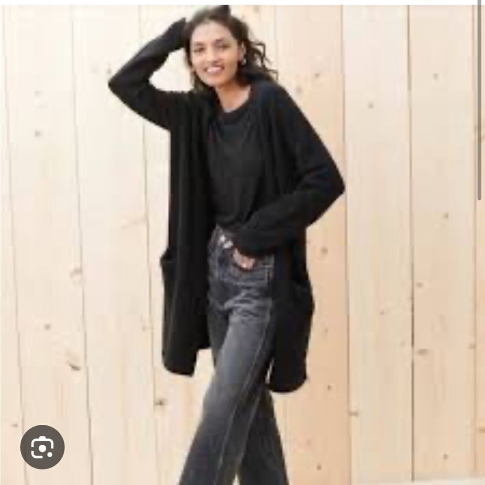 Jenni Kayne Merino Wool Yak Blend Black Cardigan Sweater Coat Open Front Size XS